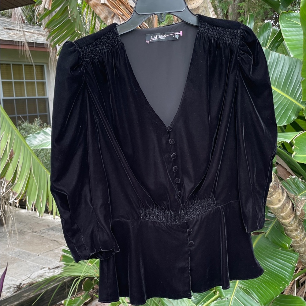 Lauren, Ralph Lauren, romantic velvet plum top with covered buttons